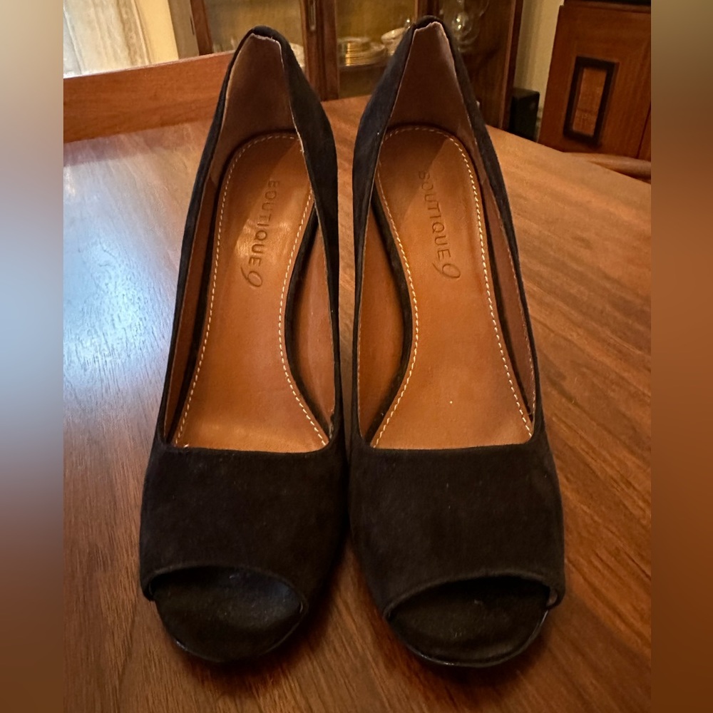 Boutique 9 Black suede peep toe heels. Size 8.5.